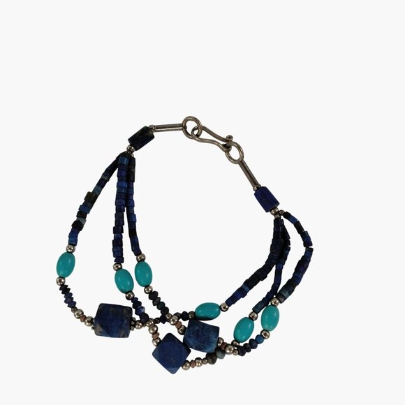 Lapis Turquoise Bracelet Handmade Multistring Silver Accents - Picture 5 of 6